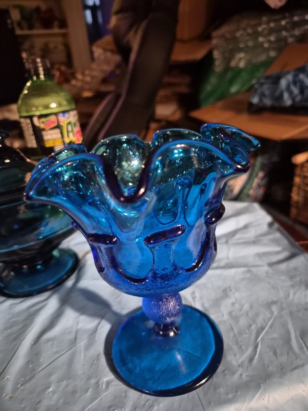 Vintage Stelvia Glass From Italy blue Glass With Ruffled Edge And Footed Compote